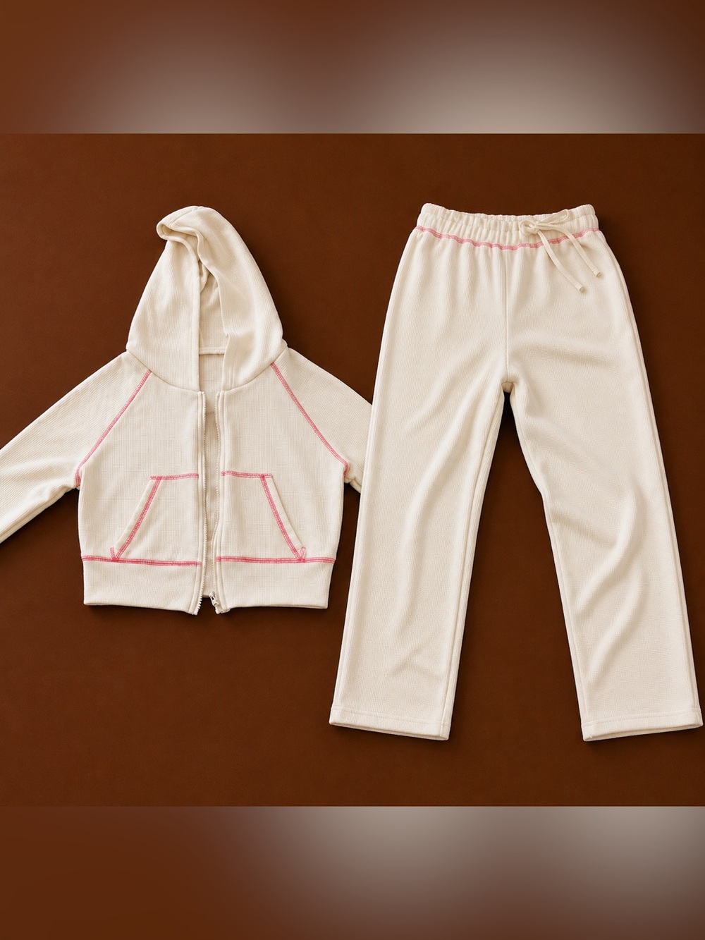 Beige Two-Piece Loungewear Set with Pink Contrast Stitching